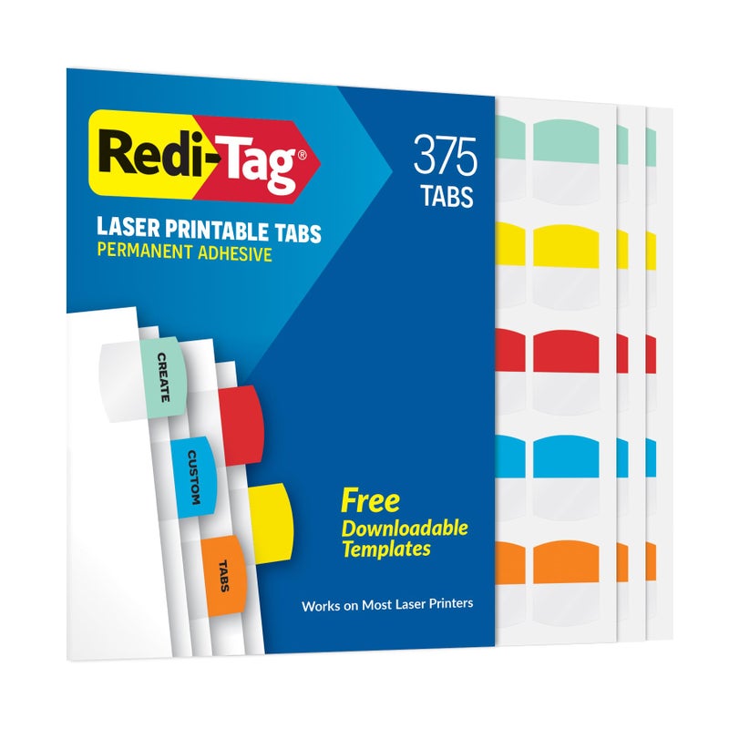 Redi-Tag Laser Printable Tabs  Permanent Index Tabs  Customizable Adhesive Labels  5 Assorted Colors: Yellow  Red  Blue  Green  Orange  1.125"" x 1.25""  375 Per Pack (B39020) - Image 1